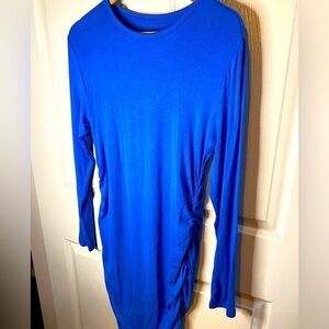 Vibrant Blue Long Sleeve Dress, Ruched Sides, Casual Everyday Midi Dress XL